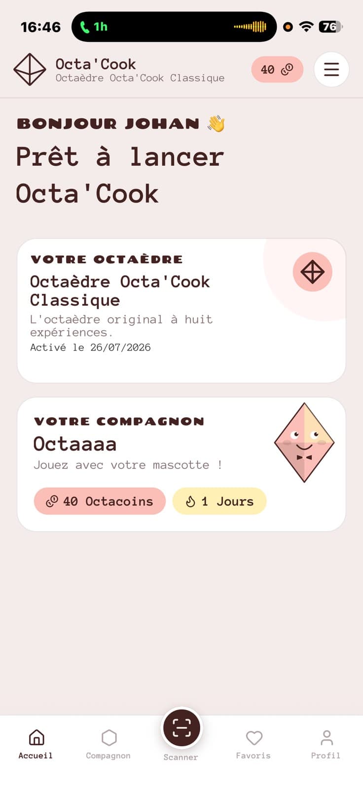 Écran d’accueil de l’application OCTA’COOK