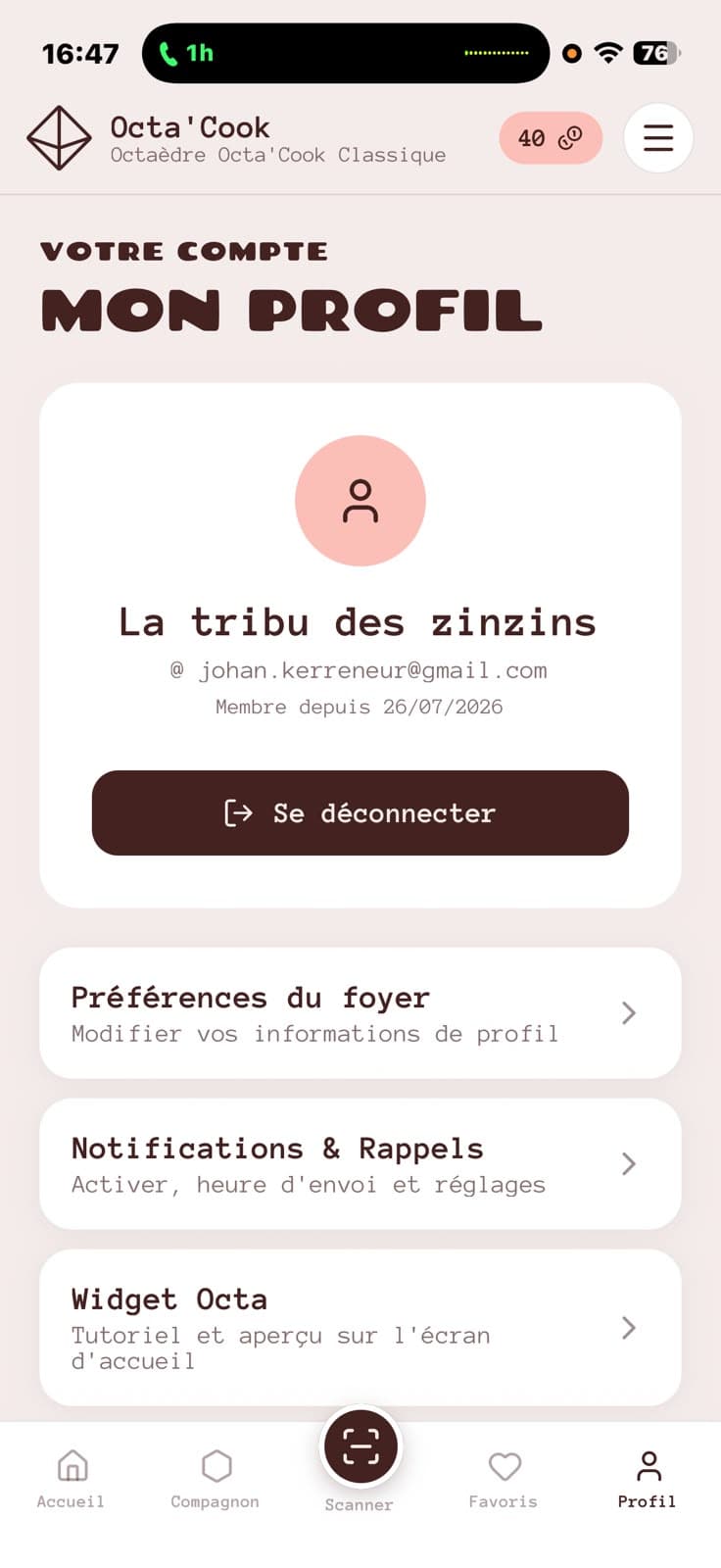 Écran du compte OCTA’COOK